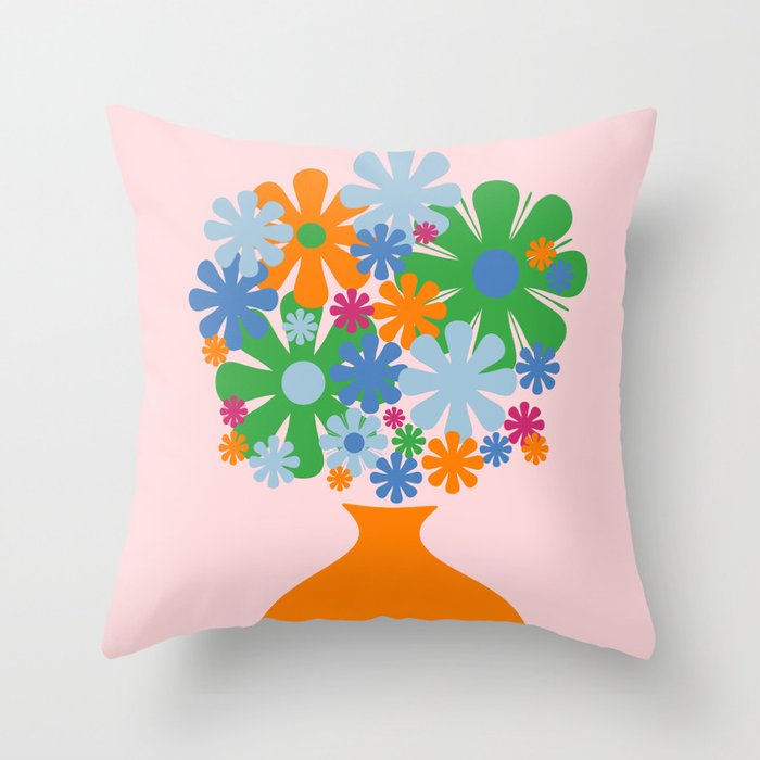 Bloom Retro Flowers in Vase Throw Pillow Gallery Image 1