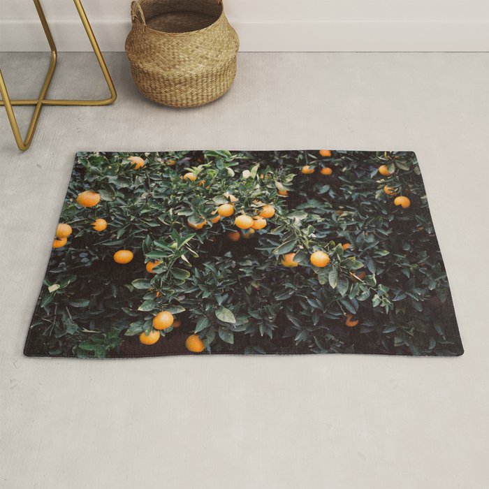 Oranges | Moody colorful travel photography | Botanical green wall with oranges Rug Gallery Image 1