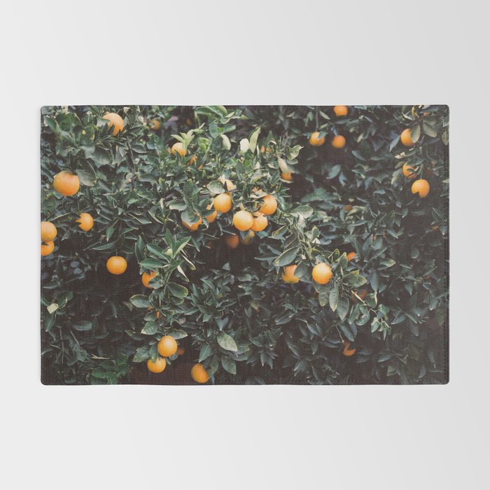 Oranges | Moody colorful travel photography | Botanical green wall with oranges Rug Gallery Image 2