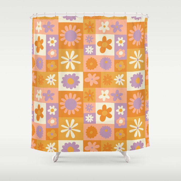 Retro hippie flower mosaic checkered pattern Shower Curtain Gallery Image 1