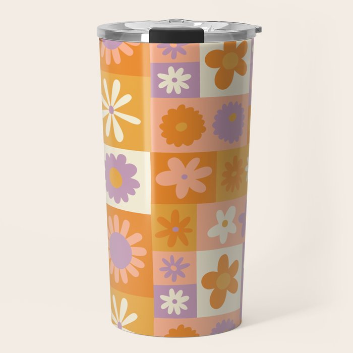 Retro hippie flower mosaic checkered pattern Travel Mug Gallery Image 1