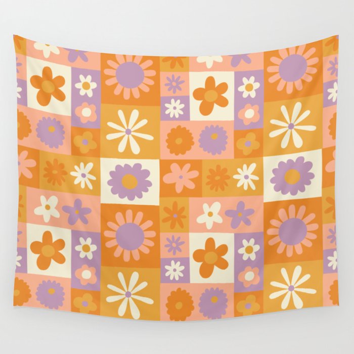 Retro hippie flower mosaic checkered pattern Wall Tapestry Gallery Image 4