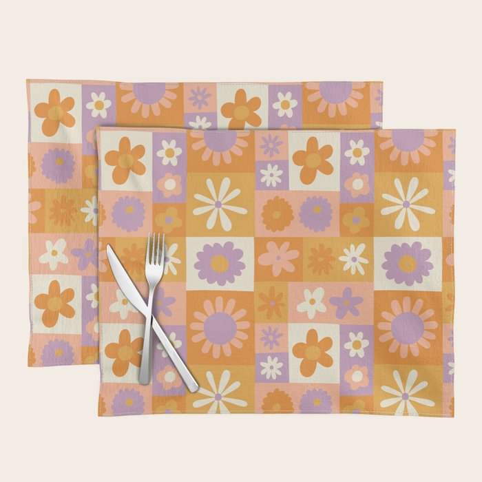 Retro hippie flower mosaic checkered pattern Placemat Gallery Image 1