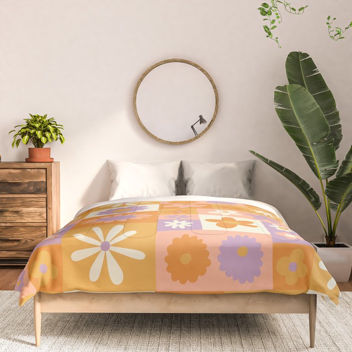 Retro hippie flower mosaic checkered pattern Comforter Gallery Image 3
