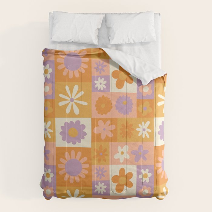 Retro hippie flower mosaic checkered pattern Comforter Gallery Image 6