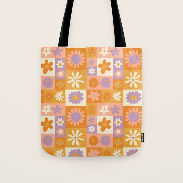 Retro hippie flower mosaic checkered pattern Tote Bag Gallery Image 1