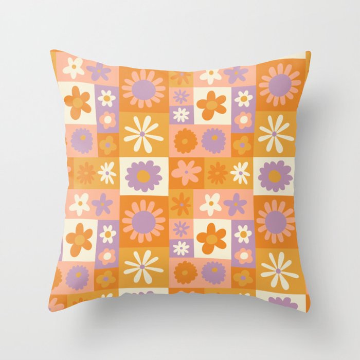 Retro hippie flower mosaic checkered pattern Throw Pillow Gallery Image 6