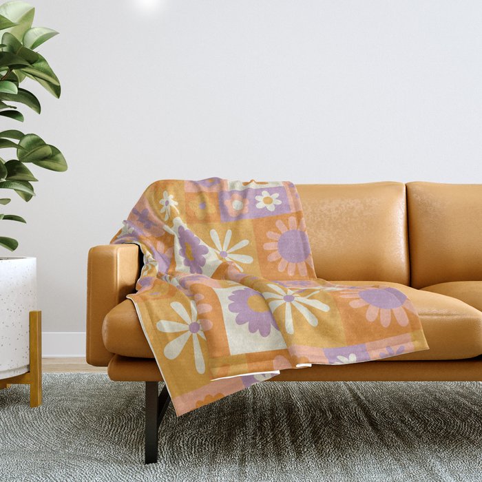 Retro hippie flower mosaic checkered pattern Throw Blanket Gallery Image 1