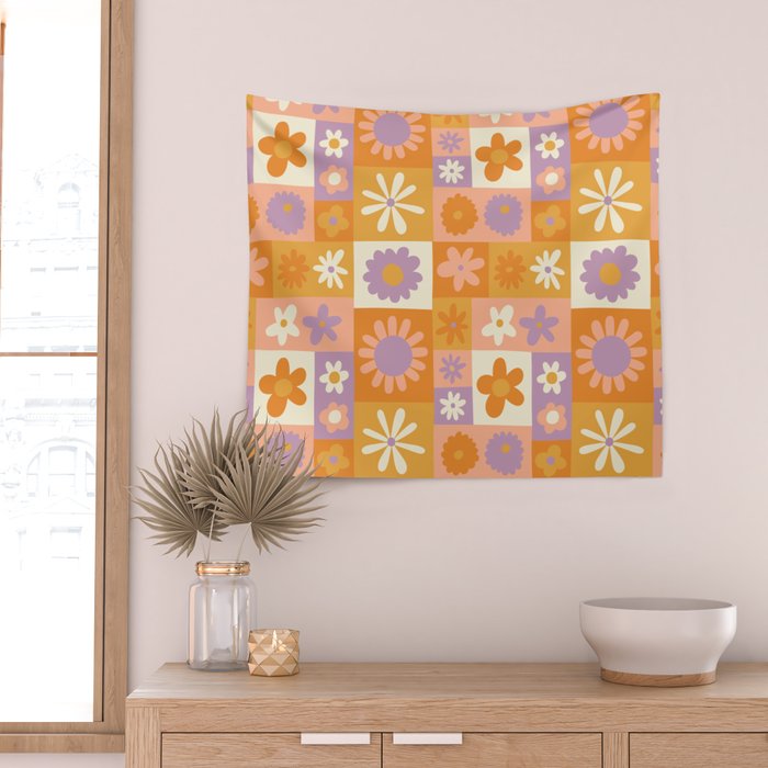 Retro hippie flower mosaic checkered pattern Wall Tapestry Gallery Image 2