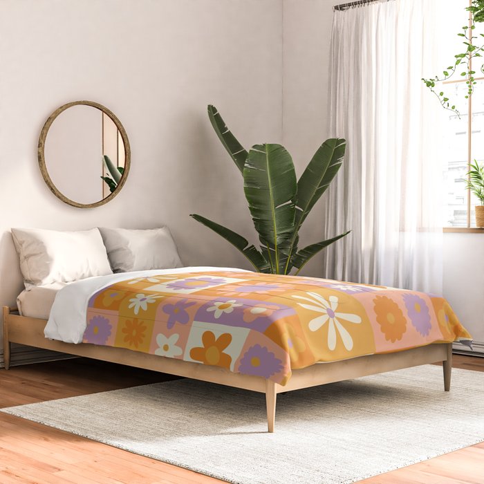 Retro hippie flower mosaic checkered pattern Comforter Gallery Image 2