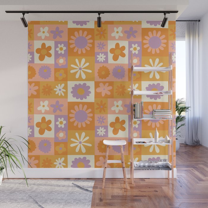 Retro hippie flower mosaic checkered pattern Wall Mural Gallery Image 1