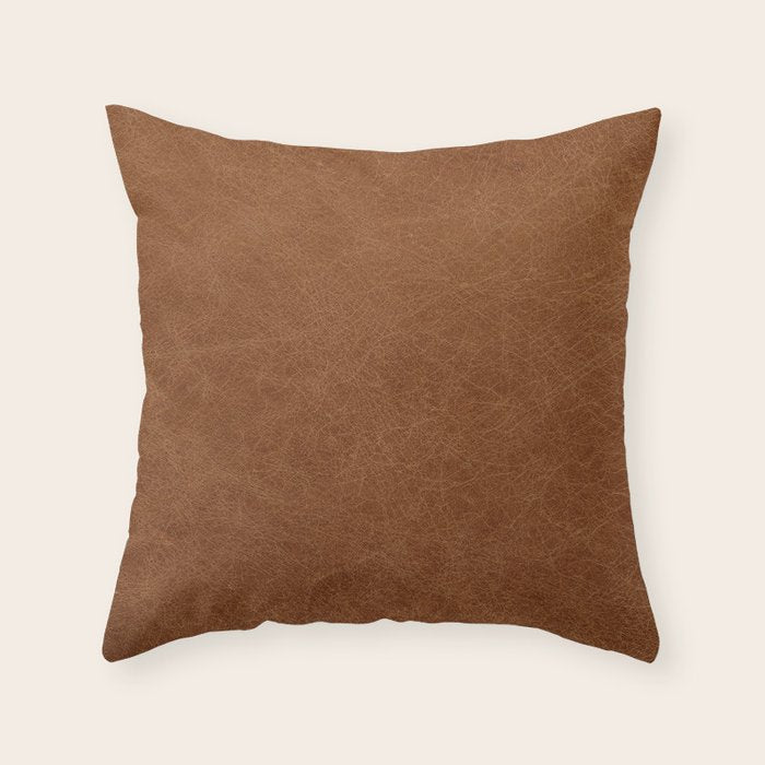 Mid Century Nordic Brown Leather Print Throw Pillow Gallery Image 1