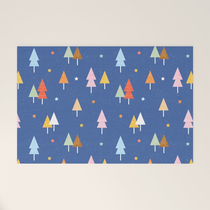 Colorful Scandinavian Christmas Trees on Blue Welcome Mat Gallery Image 1