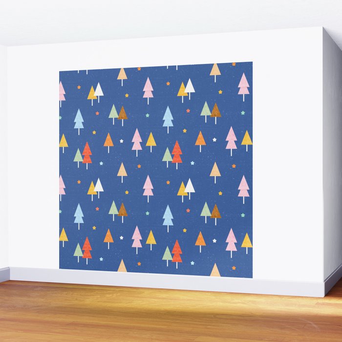 Colorful Scandinavian Christmas Trees on Blue Wall Mural Gallery Image 2
