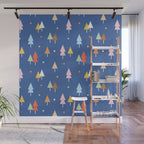 Colorful Scandinavian Christmas Trees on Blue Wall Mural Gallery Image 1