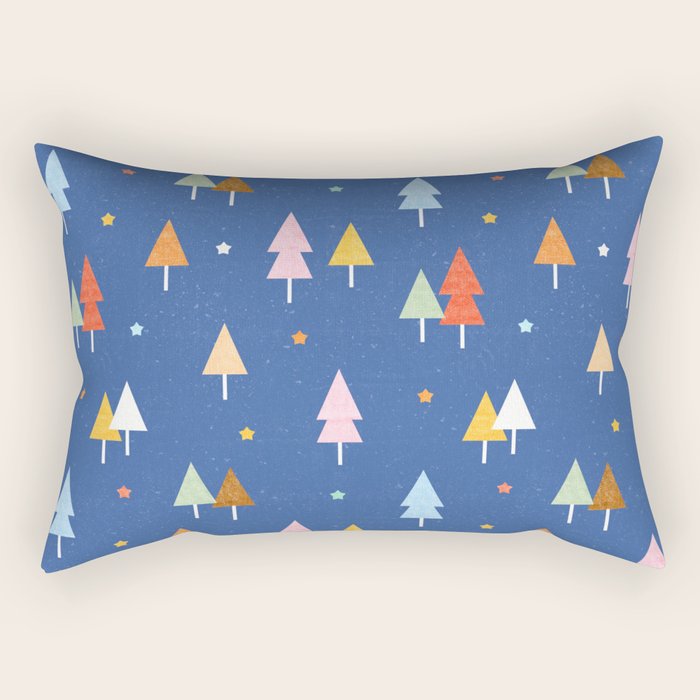 Colorful Scandinavian Christmas Trees on Blue Rectangular Pillow Gallery Image 2