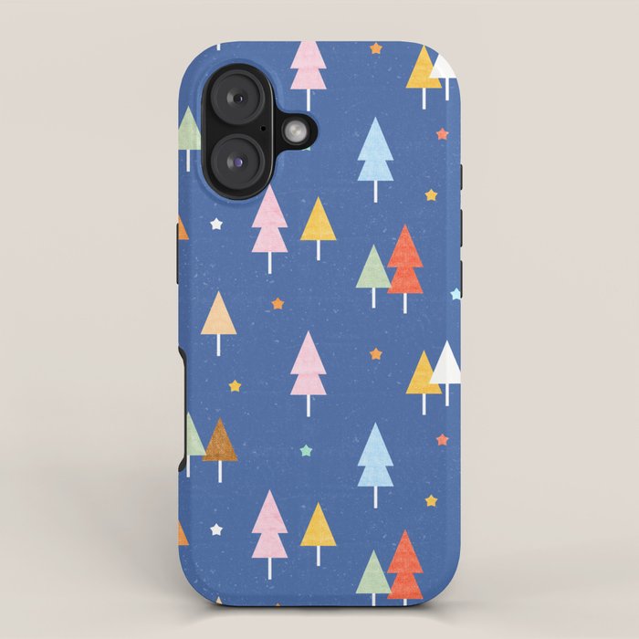 Colorful Scandinavian Christmas Trees on Blue iPhone Case Gallery Image 1