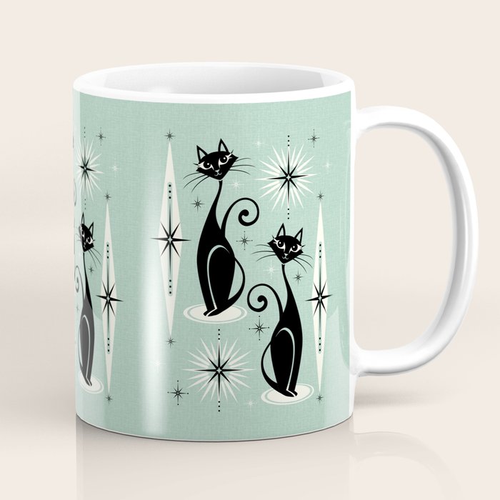 Mid Century Meow Retro Atomic Cats Mint Coffee Mug Gallery Image 1