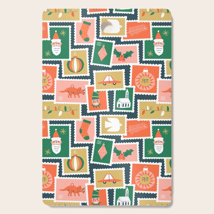 Vintage christmas postage stamp sticker pattern Cutting Board Gallery Image 1