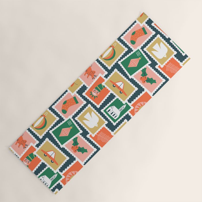 Vintage christmas postage stamp sticker pattern Yoga Mat Gallery Image 1