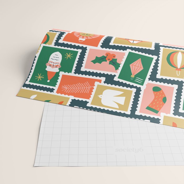 Vintage christmas postage stamp sticker pattern Wrapping Paper Gallery Image 2