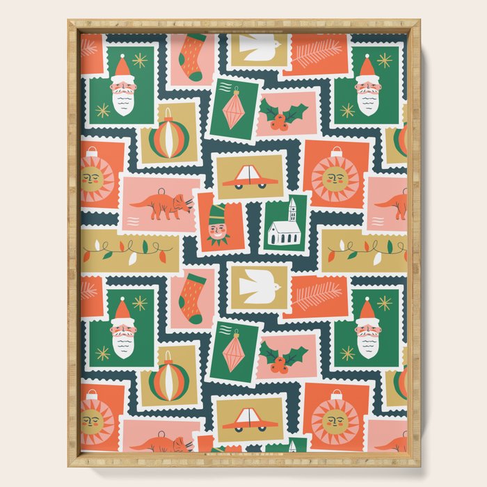 Vintage christmas postage stamp sticker pattern Serving Tray Gallery Image 1
