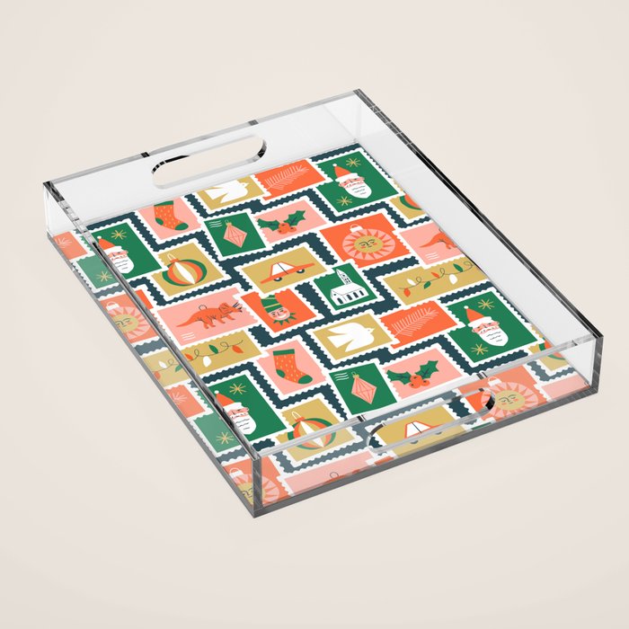 Vintage christmas postage stamp sticker pattern Acrylic Tray Gallery Image 1
