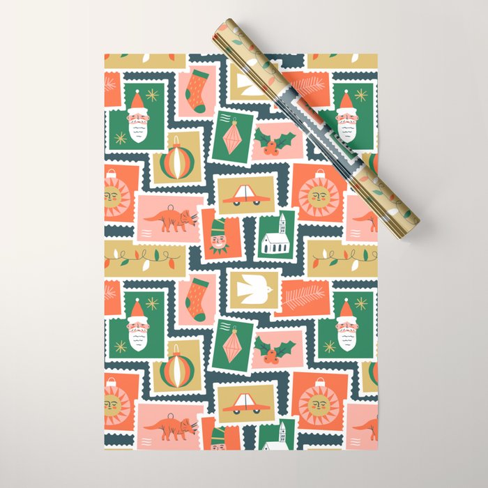 Vintage christmas postage stamp sticker pattern Wrapping Paper Gallery Image 1