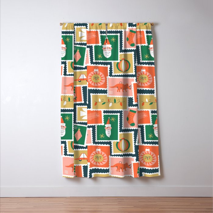 Vintage christmas postage stamp sticker pattern Window Curtain Gallery Image 3