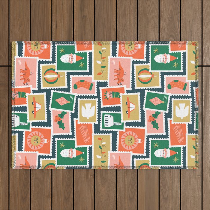 Vintage christmas postage stamp sticker pattern Outdoor Rug Gallery Image 1