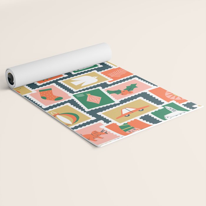 Vintage christmas postage stamp sticker pattern Yoga Mat Gallery Image 2