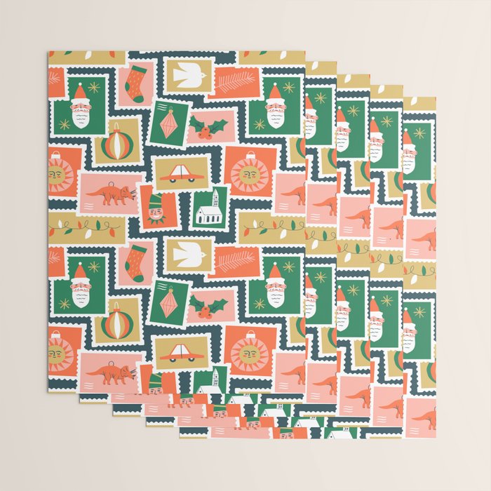 Vintage christmas postage stamp sticker pattern Wrapping Paper Gallery Image 3