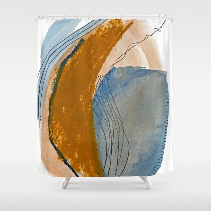 Gentle Breeze: a minimal, abstract mixed-media piece in blues and tans by Alyssa Hamilton Art Shower Curtain Gallery Image 1