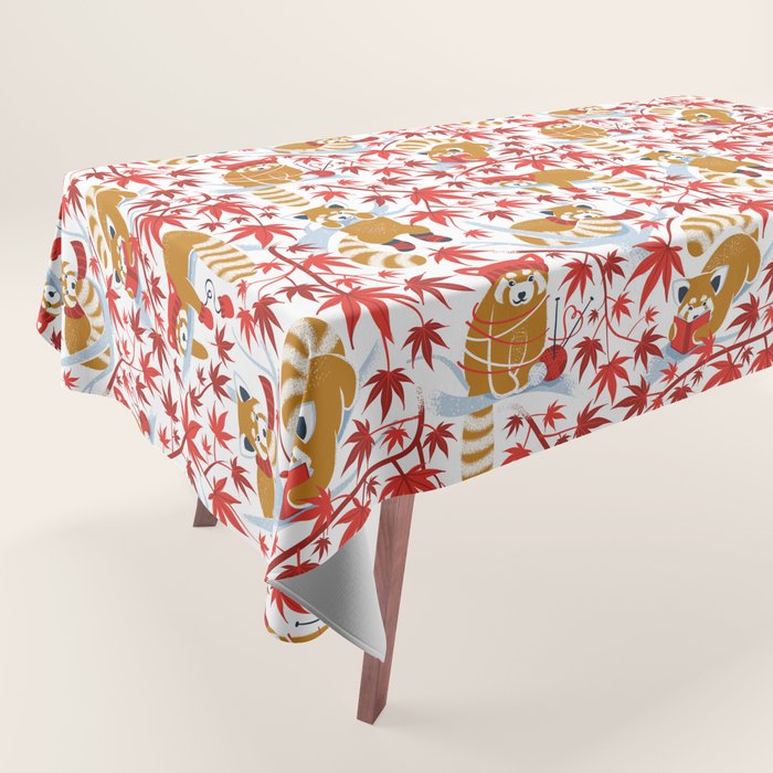 Red panda blending with the foliage // white background desert sun brown cozy animals fog blue tree branches red acer leaves Tablecloth Gallery Image 1