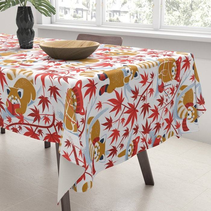 Red panda blending with the foliage // white background desert sun brown cozy animals fog blue tree branches red acer leaves Tablecloth Gallery Image 3