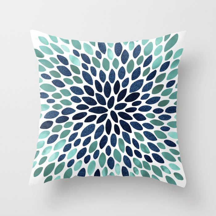 Flower Bloom, Aqua and Navy Throw Pillow Gallery Image 1