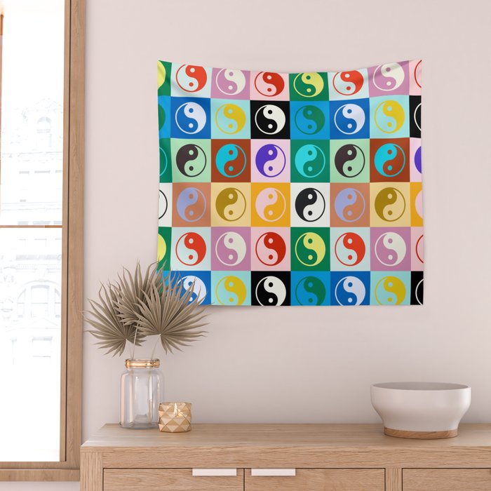 Checkered Yin Yang Pattern (Color Block Version) Wall Tapestry Gallery Image 2