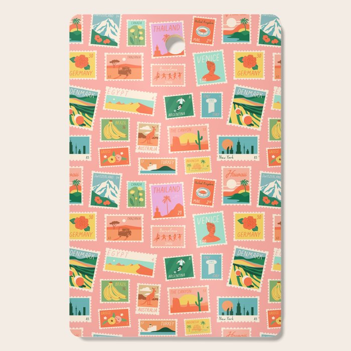 Vintage international world travel post card stamp pattern Cutting Board Gallery Image 1