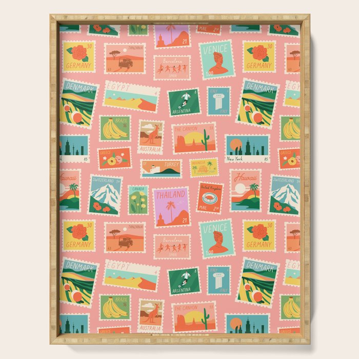 Vintage international world travel post card stamp pattern Serving Tray Gallery Image 1