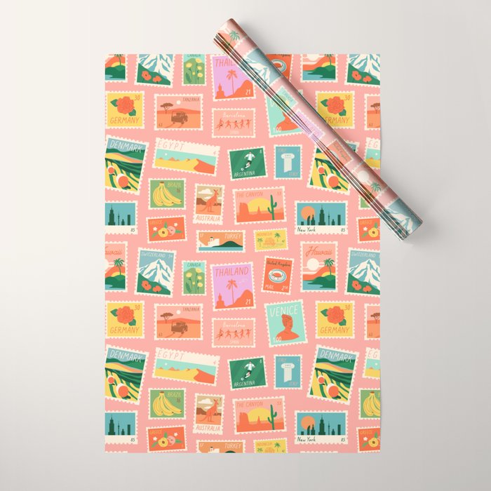 Vintage international world travel post card stamp pattern Wrapping Paper Gallery Image 1