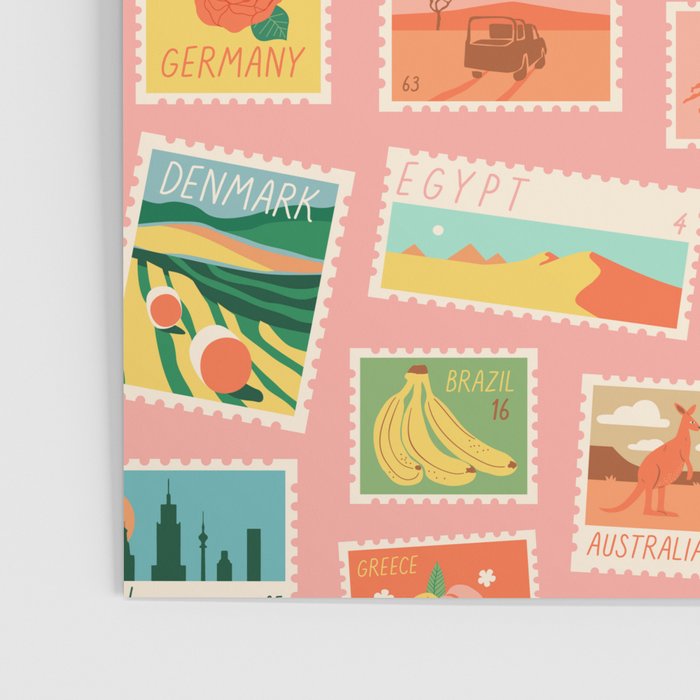 Vintage international world travel post card stamp pattern Poster Gallery Image 3