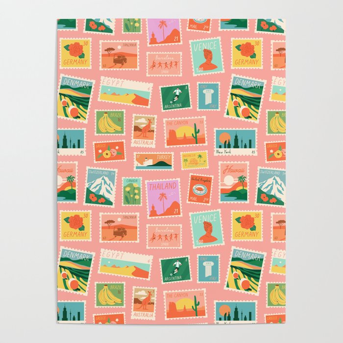 Vintage international world travel post card stamp pattern Poster Gallery Image 4