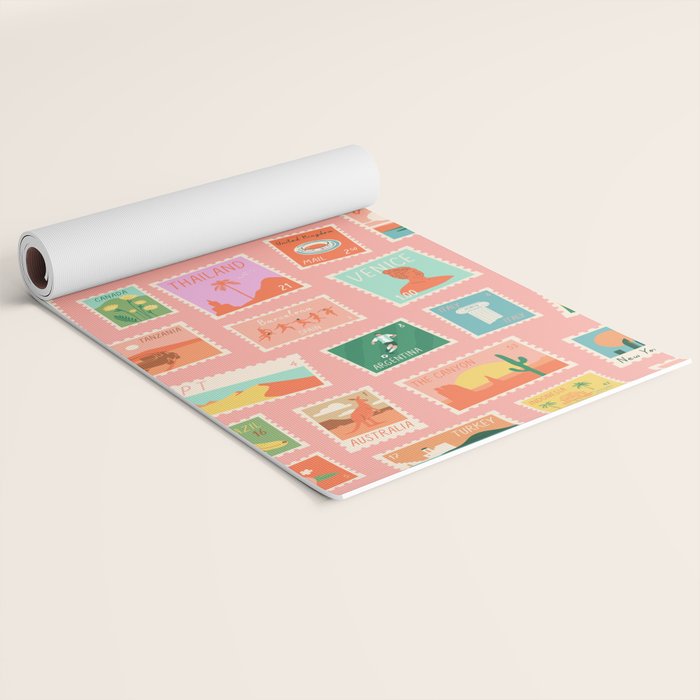 Vintage international world travel post card stamp pattern Yoga Mat Gallery Image 2