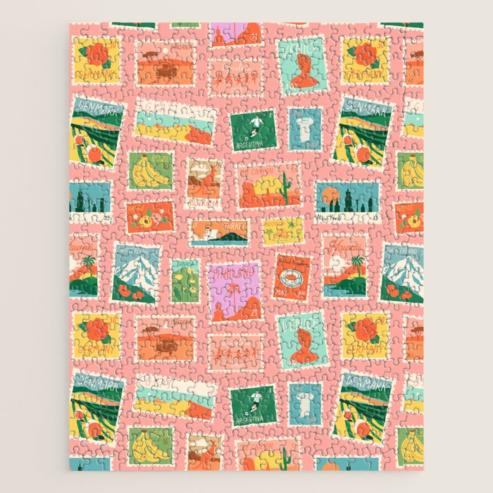 Vintage international world travel post card stamp pattern Jigsaw Puzzle Gallery Image 1