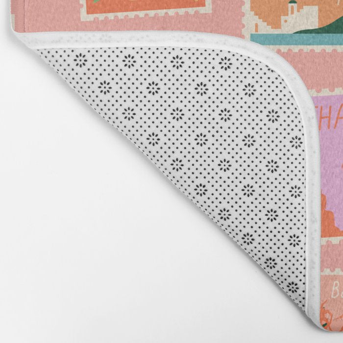 Vintage international world travel post card stamp pattern Bath Mat Gallery Image 2