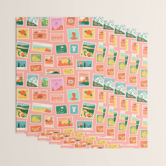 Vintage international world travel post card stamp pattern Wrapping Paper Gallery Image 3