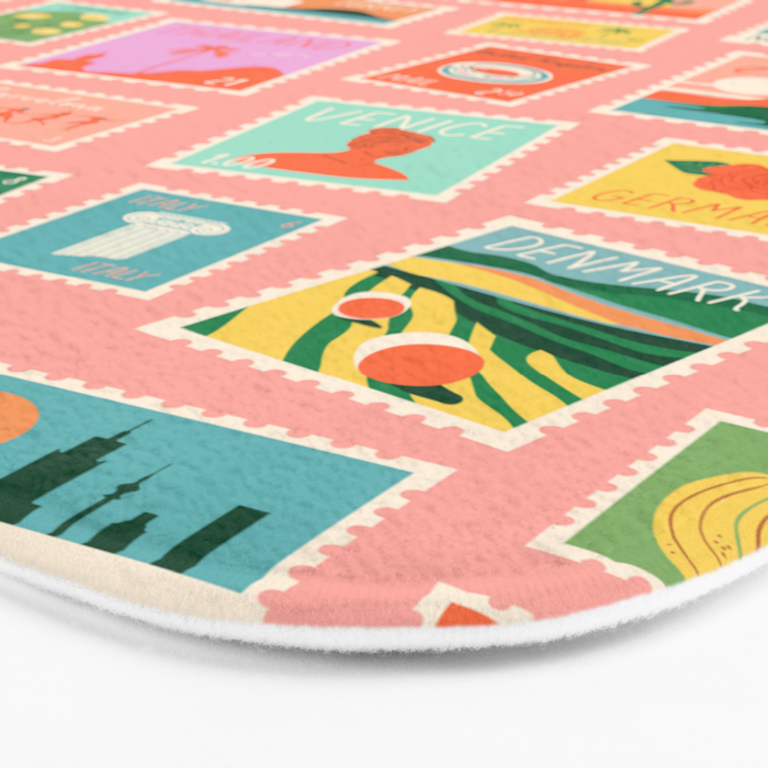 Vintage international world travel post card stamp pattern Bath Mat Gallery Image 3