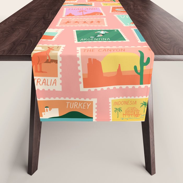 Vintage international world travel post card stamp pattern Table Runner Gallery Image 1