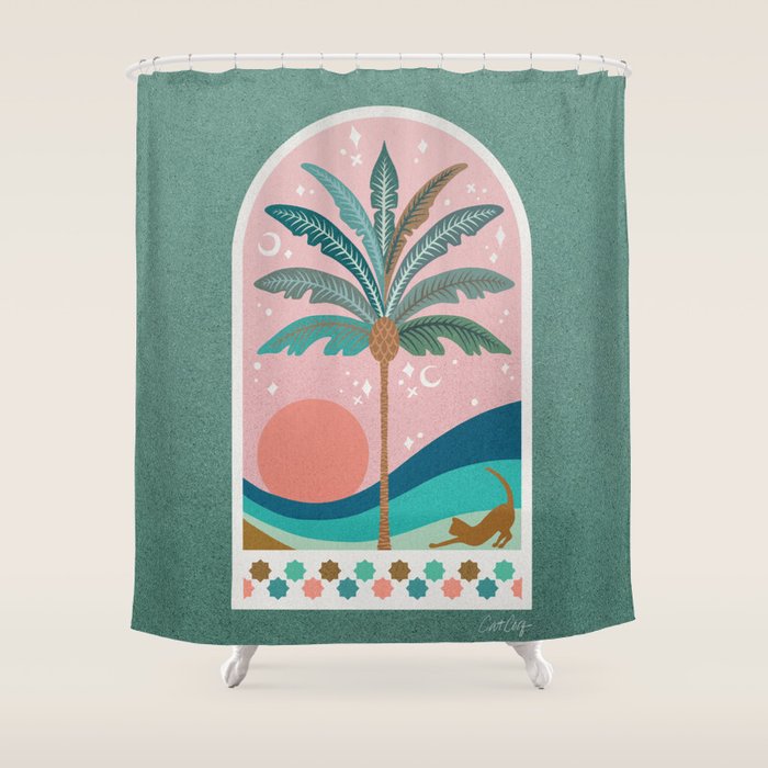 Moorish Framed Palm Tree - Mint & Blush Shower Curtain Gallery Image 1