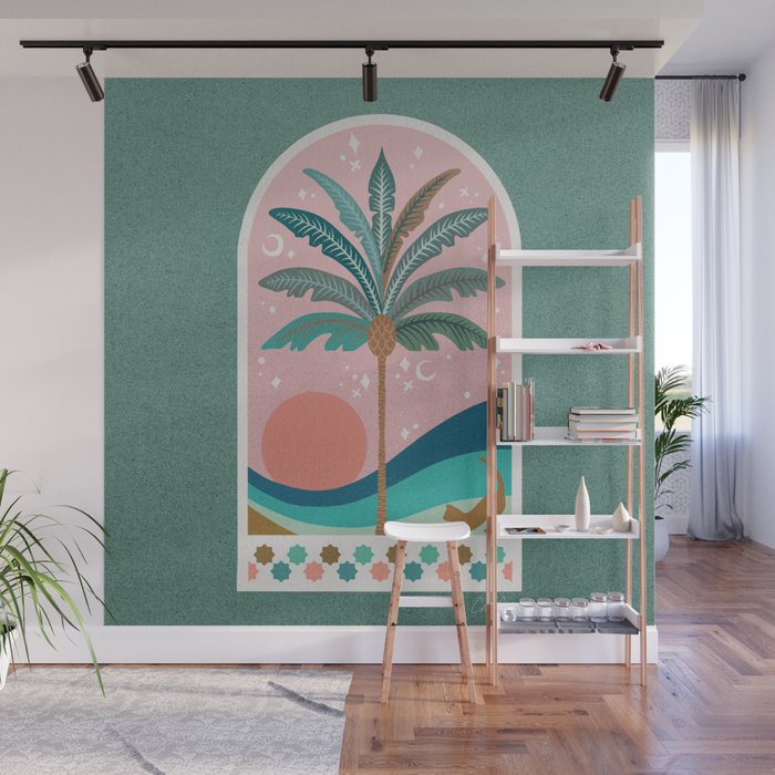 Moorish Framed Palm Tree - Mint & Blush Wall Mural Gallery Image 1